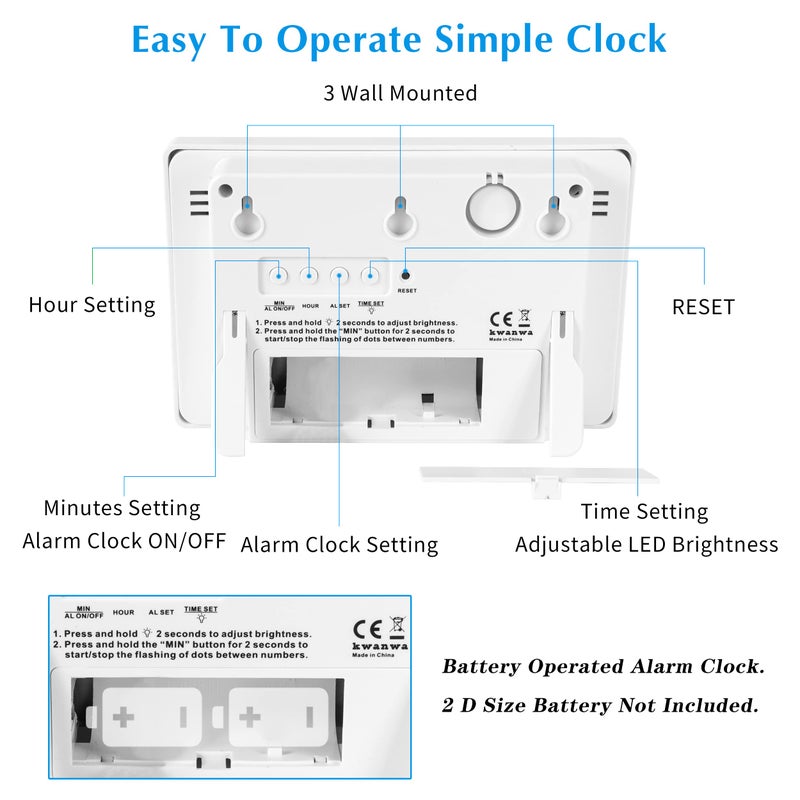 KWANWA Small Wall Clock  Digital Alarm Clock  8"" Extra Large Display  3"" LED Digit Contantly Light Up  Battery Operated  Adjustable Brightness  Clock for Bedroom  Wall-Mounted/Table-top - Image 4